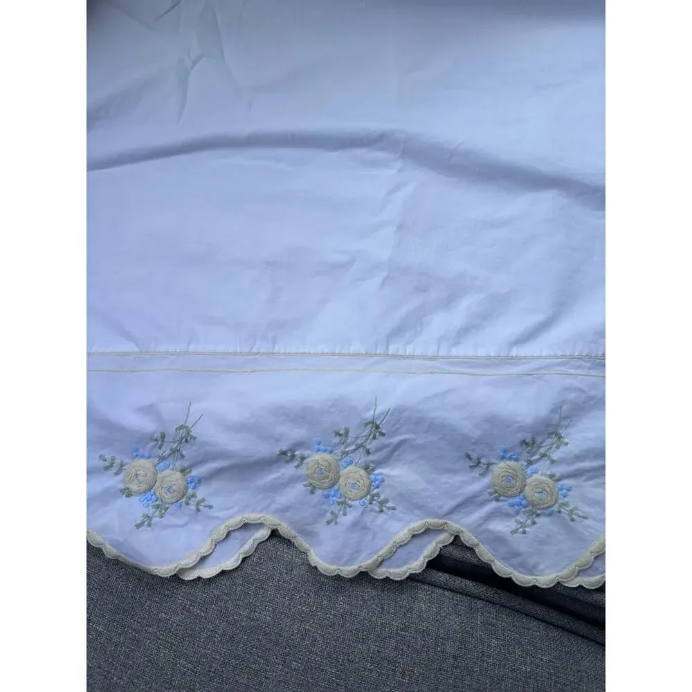 Vintage Hand Embroidered White Yellow Cotton Pillow Cover 31x22